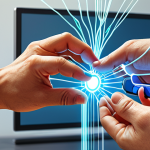 A visionary and dynamic illustration of a social worker's hands seamlessly merging with digital elements, symbolizing innovation and entrepreneurship. The scene should convey a bridge between traditional social care and modern, scalable solutions, with vibrant glowing lines connecting people and technology in a hopeful, inclusive setting.
