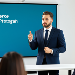 A professional man in a modest business suit, standing confidently at a podium in a modern conference room, delivering a presentation. He is fully clothed in appropriate attire, making natural gestures towards an engaged, diverse audience in the background. The scene is well-lit, with a large screen behind him showing a professional presentation slide with a clean design. Perfect anatomy, correct proportions, natural pose, well-formed hands, proper finger count, natural body proportions. High-resolution, professional photography, safe for work, appropriate content, family-friendly.