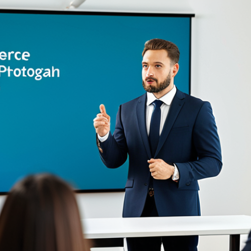 A professional man in a modest business suit, standing confidently at a podium in a modern conference room, delivering a presentation. He is fully clothed in appropriate attire, making natural gestures towards an engaged, diverse audience in the background. The scene is well-lit, with a large screen behind him showing a professional presentation slide with a clean design. Perfect anatomy, correct proportions, natural pose, well-formed hands, proper finger count, natural body proportions. High-resolution, professional photography, safe for work, appropriate content, family-friendly.