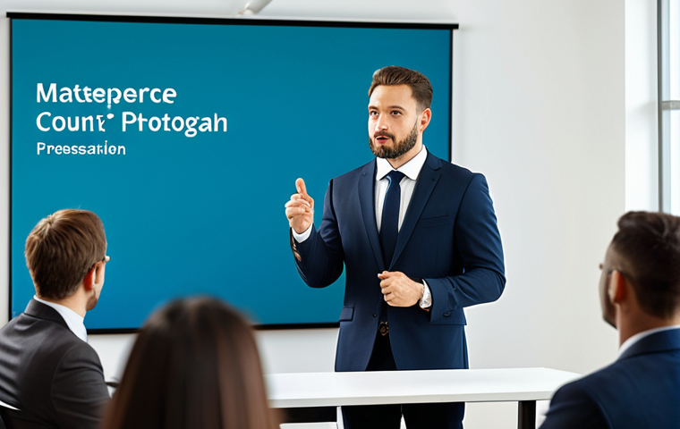 A professional man in a modest business suit, standing confidently at a podium in a modern conference room, delivering a presentation. He is fully clothed in appropriate attire, making natural gestures towards an engaged, diverse audience in the background. The scene is well-lit, with a large screen behind him showing a professional presentation slide with a clean design. Perfect anatomy, correct proportions, natural pose, well-formed hands, proper finger count, natural body proportions. High-resolution, professional photography, safe for work, appropriate content, family-friendly.