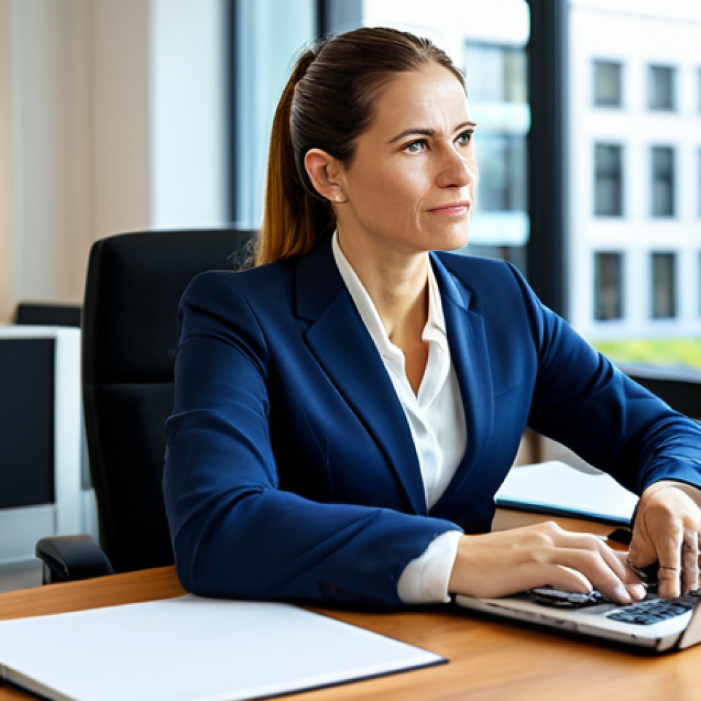 A professional female social worker in her late 30s, dressed in a modest business suit, sitting comfortably at a modern desk. She is engaged in a tele-assistance call on a sleek laptop, with a blurred, well-lit office background featuring contemporary furniture and a large window. Her expression is empathetic and focused, reflecting her dedication. The scene conveys efficiency and modern professional practice. perfect anatomy, correct proportions, natural pose, well-formed hands, proper finger count, natural body proportions, professional photography, high quality, sharp focus, vibrant colors, appropriate content, safe for work, fully clothed, professional dress, family-friendly.