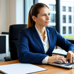 A professional female social worker in her late 30s, dressed in a modest business suit, sitting comfortably at a modern desk. She is engaged in a tele-assistance call on a sleek laptop, with a blurred, well-lit office background featuring contemporary furniture and a large window. Her expression is empathetic and focused, reflecting her dedication. The scene conveys efficiency and modern professional practice. perfect anatomy, correct proportions, natural pose, well-formed hands, proper finger count, natural body proportions, professional photography, high quality, sharp focus, vibrant colors, appropriate content, safe for work, fully clothed, professional dress, family-friendly.