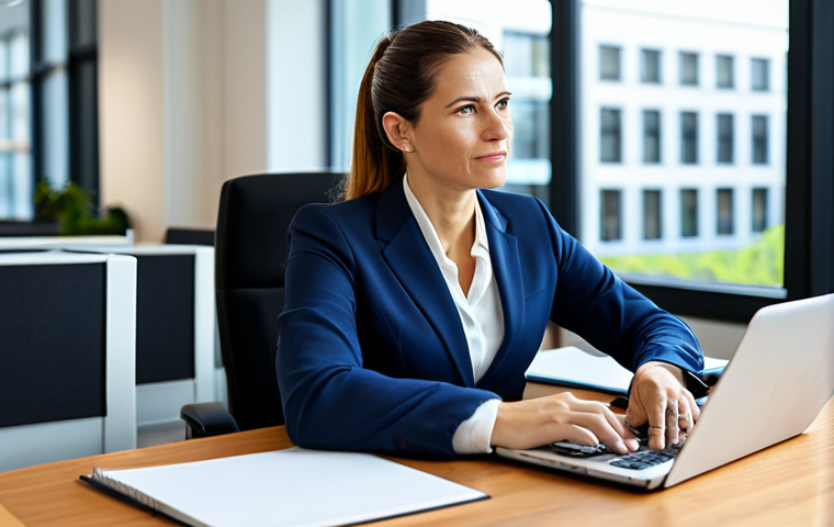 A professional female social worker in her late 30s, dressed in a modest business suit, sitting comfortably at a modern desk. She is engaged in a tele-assistance call on a sleek laptop, with a blurred, well-lit office background featuring contemporary furniture and a large window. Her expression is empathetic and focused, reflecting her dedication. The scene conveys efficiency and modern professional practice. perfect anatomy, correct proportions, natural pose, well-formed hands, proper finger count, natural body proportions, professional photography, high quality, sharp focus, vibrant colors, appropriate content, safe for work, fully clothed, professional dress, family-friendly.