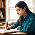 Focused Study Session**

A young woman, fully clothed in modest attire suitable for studying, sitting at a wooden desk covered with books and notes.  She is concentrated, highlighting a text with a pen.  A cup of coffee sits nearby. The background shows a brightly lit room with a bookshelf. Perfect anatomy, correct proportions, natural pose. Safe for work, appropriate content, professional, modest, family-friendly. High quality, detailed.

**