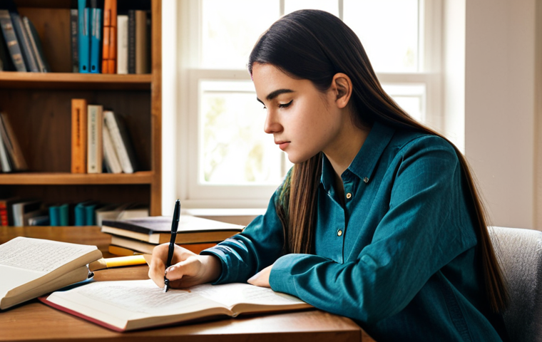Focused Study Session**

A young woman, fully clothed in modest attire suitable for studying, sitting at a wooden desk covered with books and notes.  She is concentrated, highlighting a text with a pen.  A cup of coffee sits nearby. The background shows a brightly lit room with a bookshelf. Perfect anatomy, correct proportions, natural pose. Safe for work, appropriate content, professional, modest, family-friendly. High quality, detailed.

**