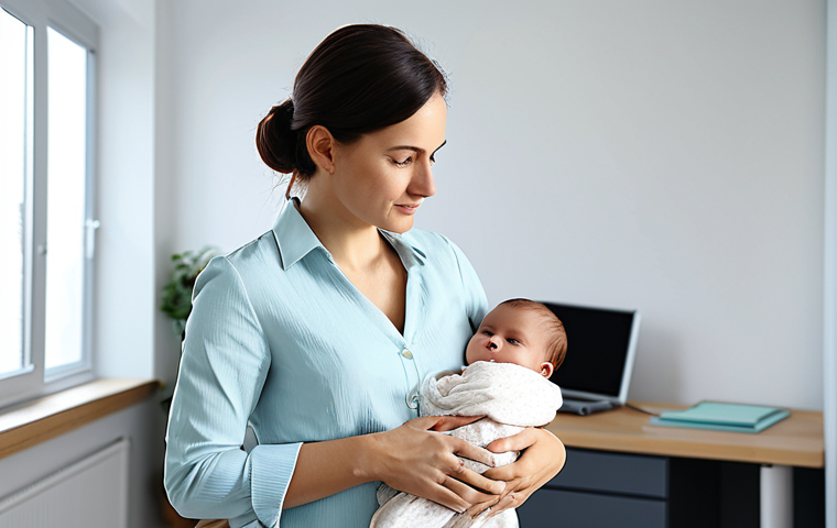 사회복지사 업무사례 분석 - ** A kind social worker in a bright, modern office, fully clothed in a professional blouse and slack...