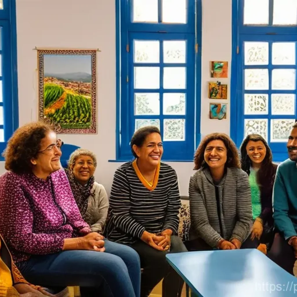 사회복지사와 사회적기업 연결 - **Prompt:** A group of diverse Portuguese adults and a social worker are actively engaged in a livel...