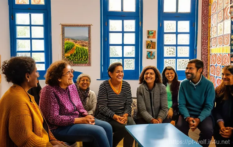 사회복지사와 사회적기업 연결 - **Prompt:** A group of diverse Portuguese adults and a social worker are actively engaged in a livel...