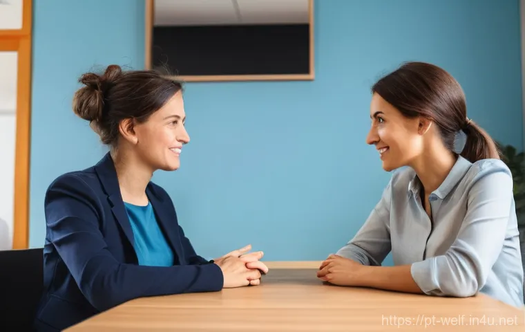 사회복지사 직장 내 의사소통 기술 - **Prompt:** A compassionate female social worker in her early 40s, with a kind and professional deme...