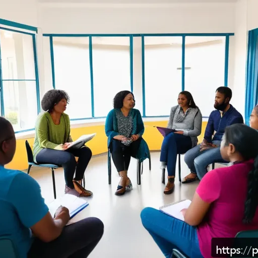 사회복지사 커뮤니티 조직 방법 - A diverse group of social workers in a bright, modern community center engaged in a lively thematic ...