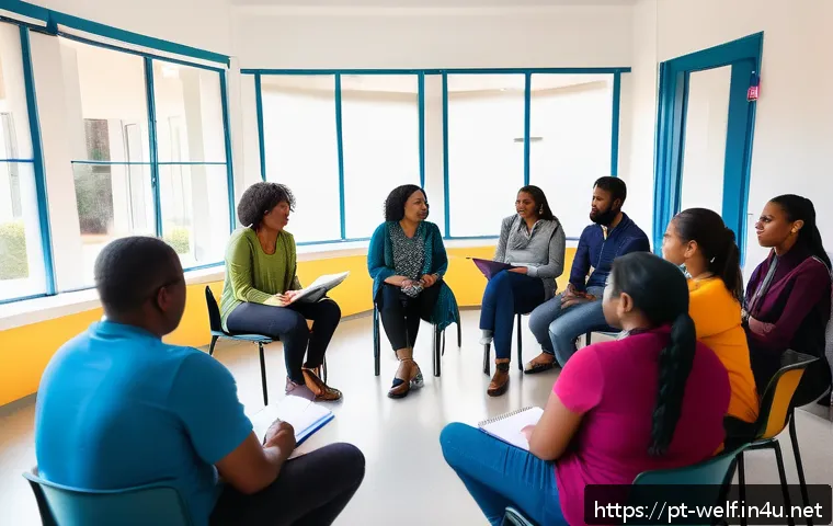 사회복지사 커뮤니티 조직 방법 - A diverse group of social workers in a bright, modern community center engaged in a lively thematic ...