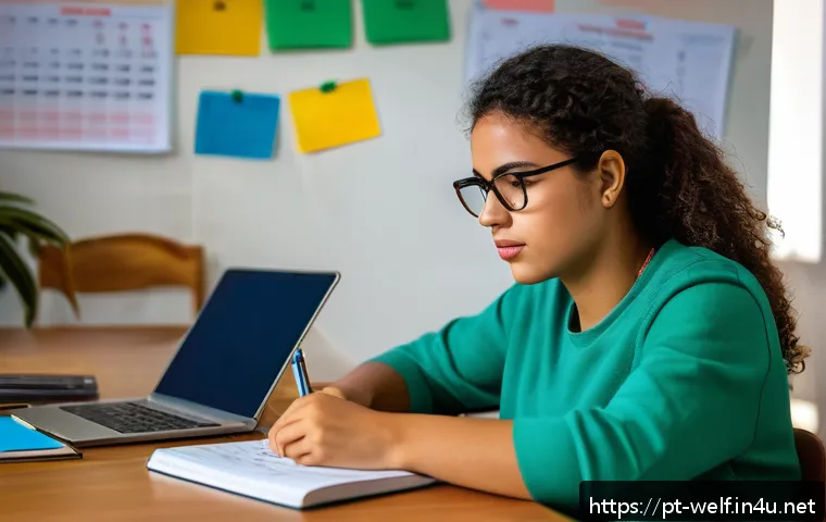 사회복지사 공무원 시험 준비법 - A focused Brazilian social work candidate studying at a modern desk cluttered with textbooks about B...