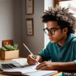 사회복지사 1급 시험 고득점 전략 - A focused young adult studying at a cozy home desk with natural daylight streaming through a window,...