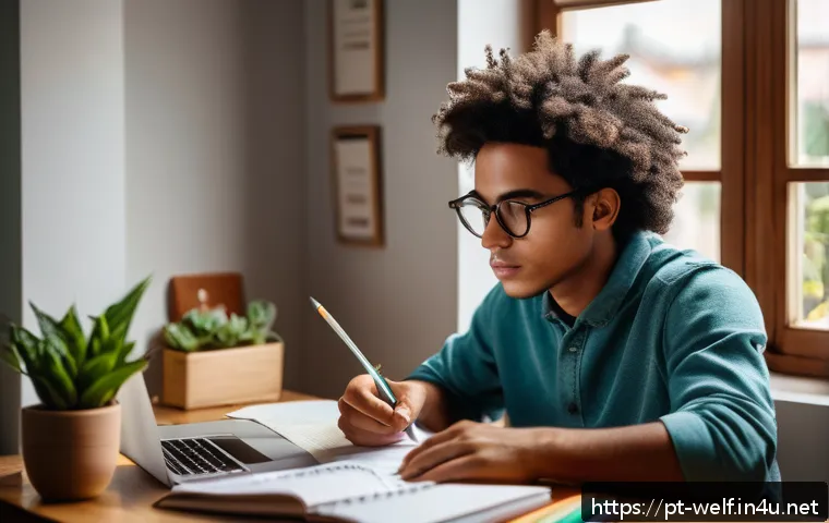 사회복지사 1급 시험 고득점 전략 - A focused young adult studying at a cozy home desk with natural daylight streaming through a window,...