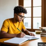 사회복지사 시험 준비 체크리스트 - A focused young adult studying at a modern, well-lit desk in a quiet room, surrounded by organized s...