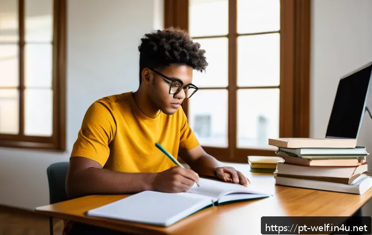 사회복지사 시험 준비 체크리스트 - A focused young adult studying at a modern, well-lit desk in a quiet room, surrounded by organized s...